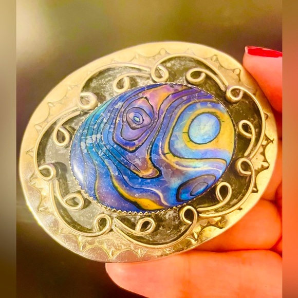 Vintage Accessories - Vintage Blue Abalone Shell and Silver Belt Buckle